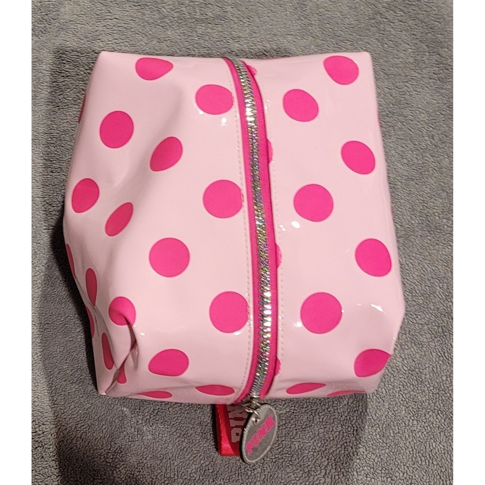 PINK Pink/Hot Pink Polka Dot Makeup Bag with Zipper Cosmetic Case 8”Lx7”Wx4"H